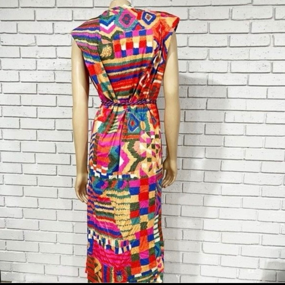 Farm Rio Patchwork Print Sleeveless Midi Dress Multi-Color Braided Tassel Belt - Picture 6 of 12